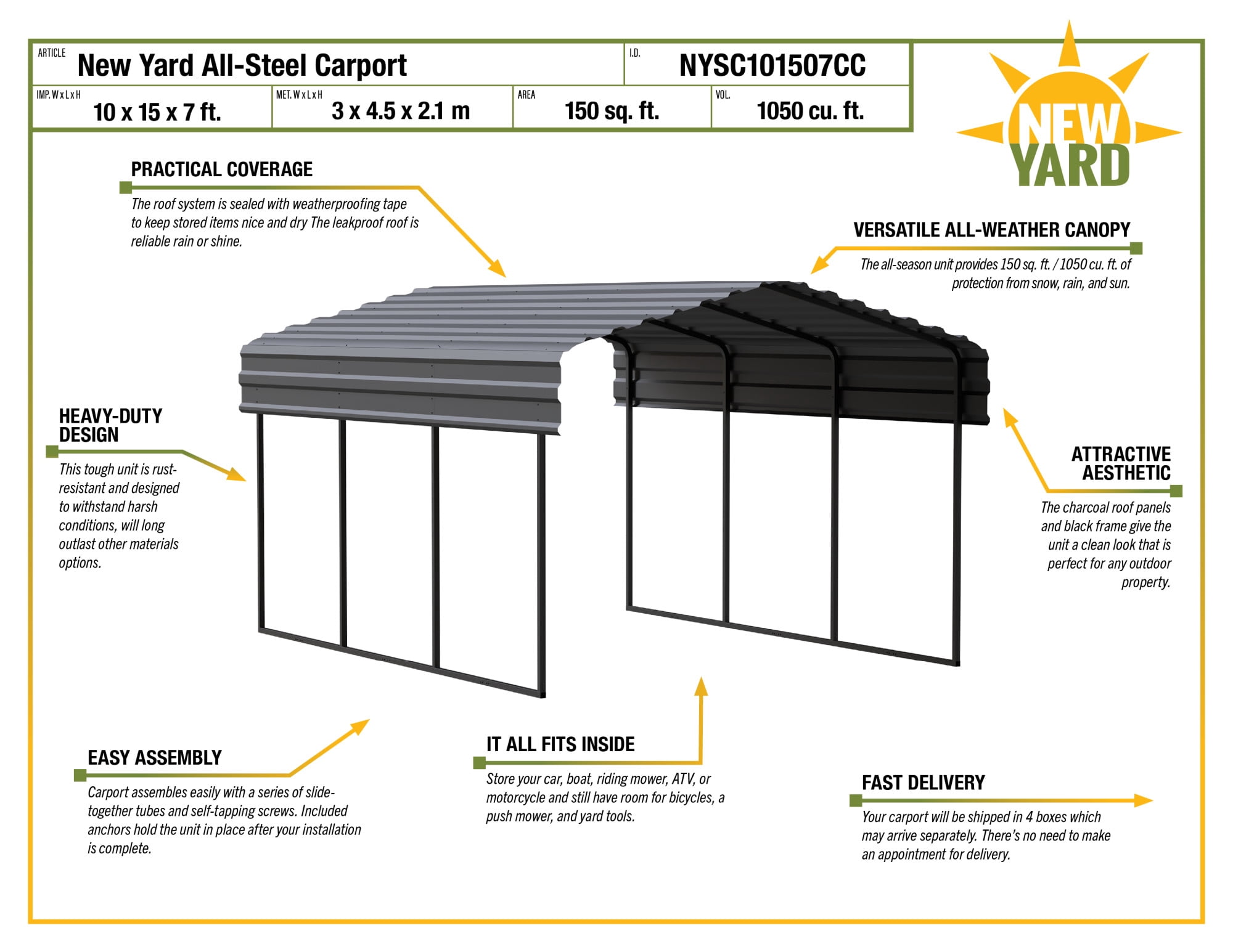 New Yard 10' x 15' x 7' Heavy Duty Metal Carport, All-Steel Canopy, Charcoal