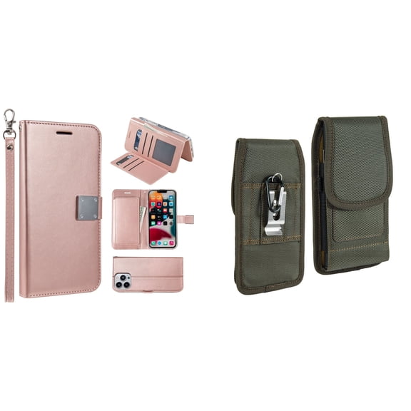 Bemz Pocket Clutch Wallet Case and Belt Holster Pouch for iPhone 14 Pro Max (Rose Gold/Green)