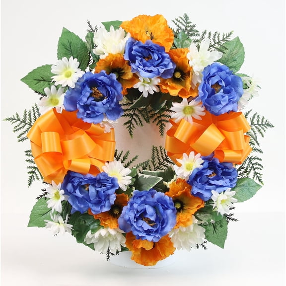 Memorial Rose Poppy & Mum Cemetery Wreath - N/A Blue, Orange, White