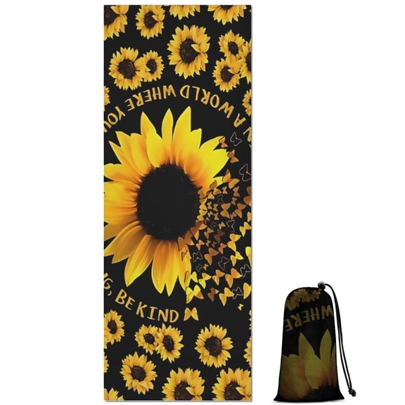 Black Butterfly Sunflower Pattern Hot Yoga Mat Towel Non Slip for Hot Yoga - Quick-Drying Yoga Mat Cover with 4 Corner Pockets with Travel Bag - Hot Yoga Towel Non Slip 70"x26"