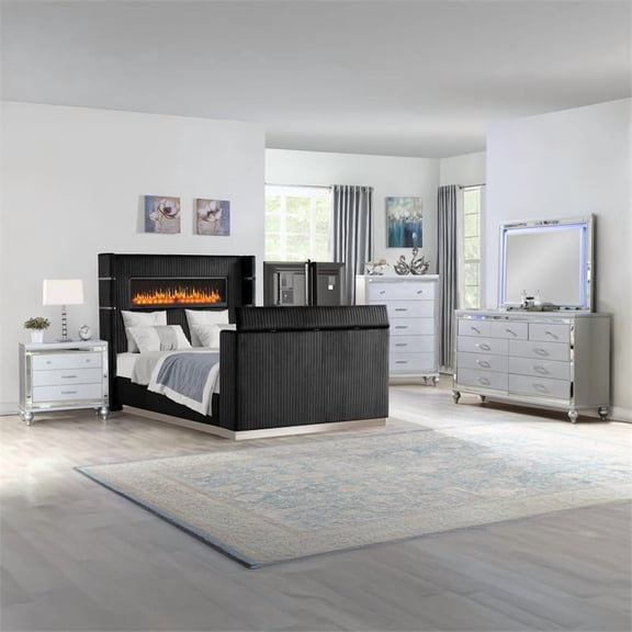 Lavish Modern Style 5 Pc King Bedroom Set Made with Wood in Black