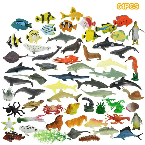 Juego de juguetes de animales marinos de 64 piezas, figura realista bajo el mar, juguete de baño, recuerdos de fiesta, juguetes para niños y niñas