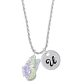 thumbnail image 1 of Delight Jewelry Silvertone Large Translucent Purple & Lime Green Flying Butterfly Silvertone Script Initial Disc - U - Charm Necklace, 20"+3", 1 of 4