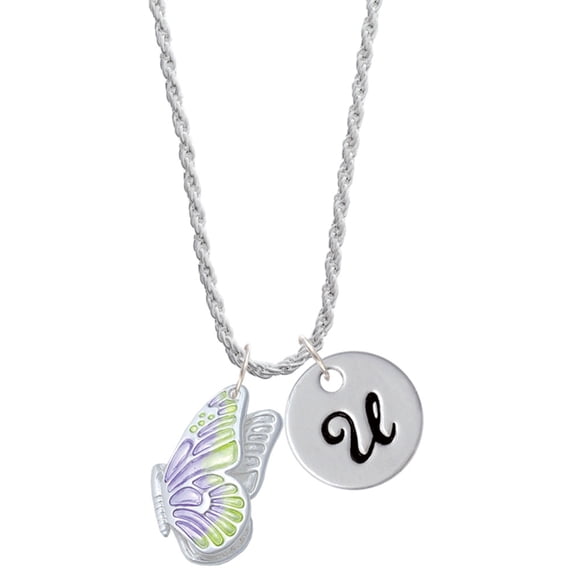 Delight Jewelry Silvertone Large Translucent Purple & Lime Green Flying Butterfly Silvertone Script Initial Disc - U - Charm Necklace, 20"+3"