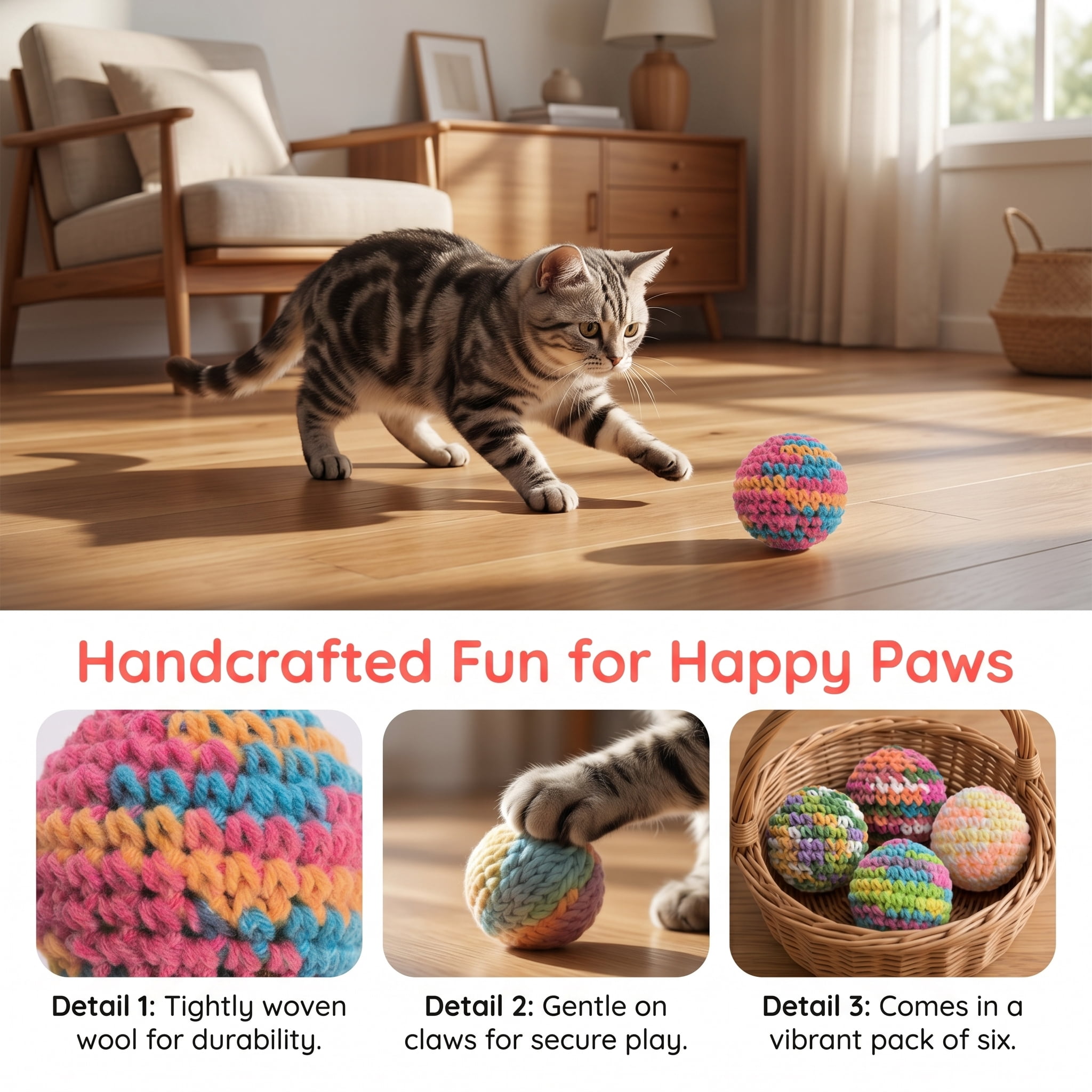 Cat Toys – 6 Pack Yarn Cat Balls with Bell Inside, Interactive Kitten Toys for Indoor Cats, Fun Chew & Chase Balls for All Breeds