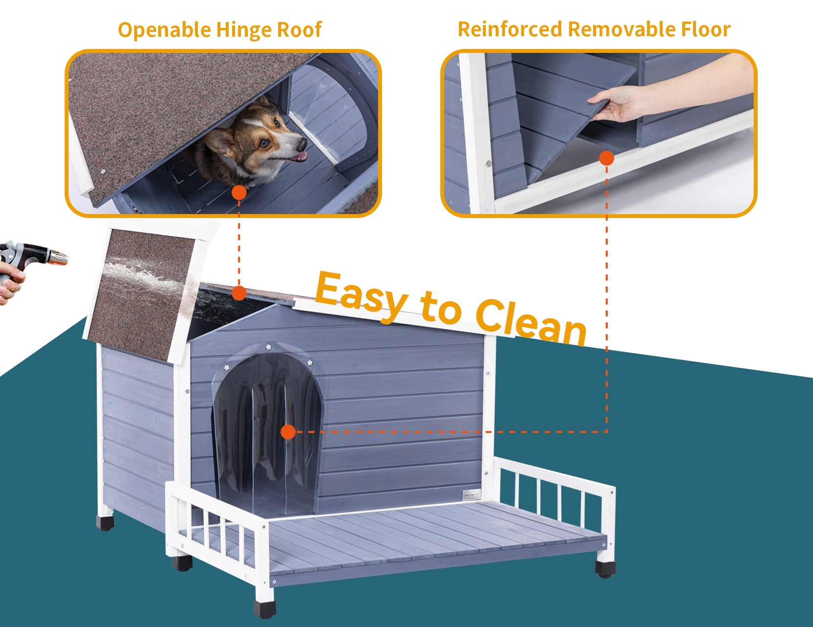 Petsfit Large Wooden Outdoor Dog House with Terrace, Elevated Floor and Openable Roof