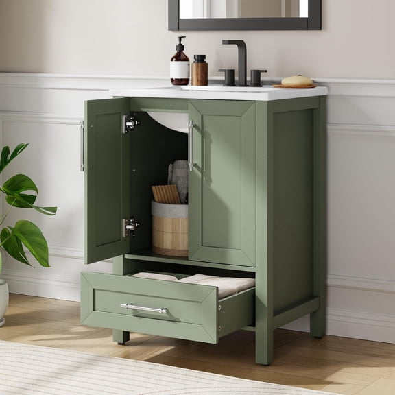 24" Bathroom Vanity with Sink, Vintage Bathroom Cabinet Vanity with Doors & Drawers, Farmhouse Wooden Freestanding Bathroom Cabinet with Top