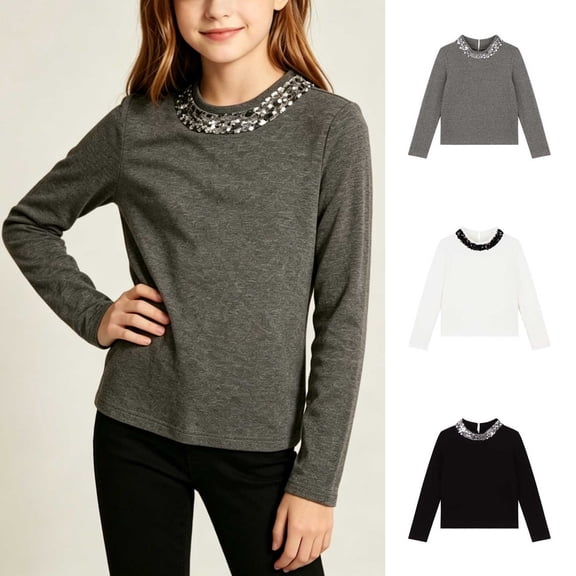 Acaics Girls' Long-Sleeve Layering T-Shirt: Solid-Color Crew-Neck Sequin-Accent Brushed-Fleece Long-Sleeve Top, Ages 1–15