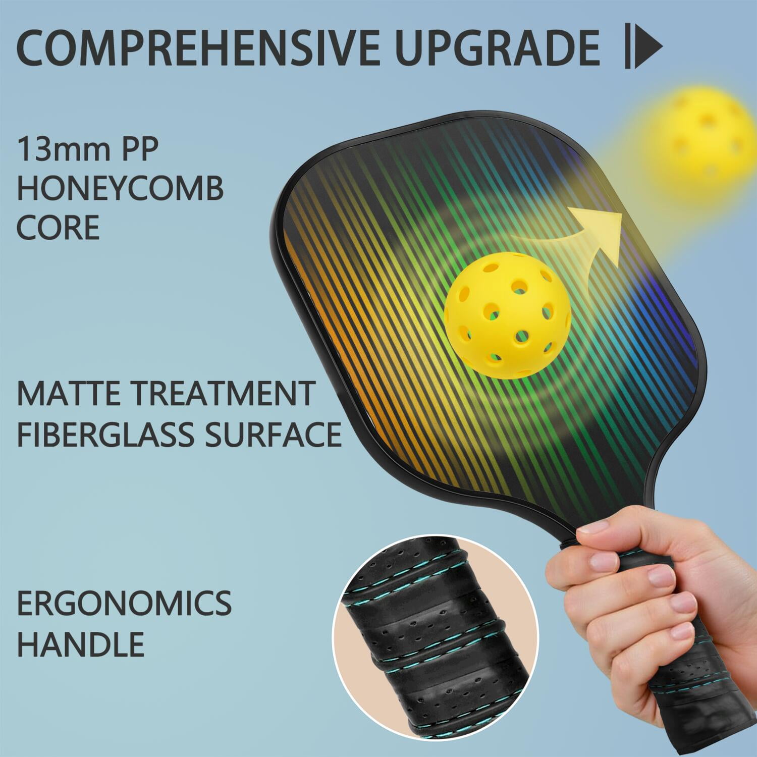 Pickleball Paddles Set Of 1, Fiberglass Surface, Vibrant Rainbow Print, 1 Paddle, 2 Balls & Bag