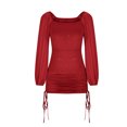 thumbnail image 4 of IROINNID Semi Formal Dress for Women Long Sleeve Mini Dress Fall Drawstring Bishop Sleeve Off-The-Shoulder Neck Dress,Burgundy, 4 of 6