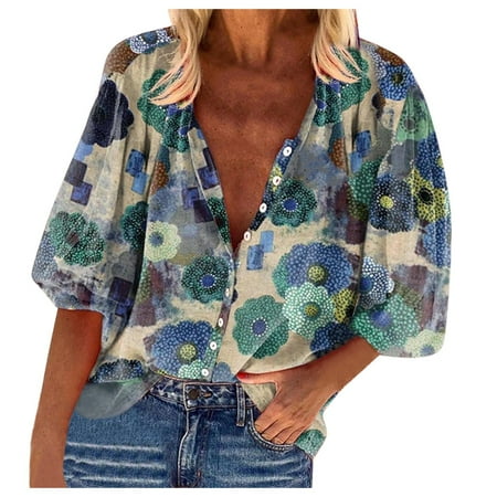 

Ichuanyi Womens Fall Tops Clearance Women Non-positioning Flower Geometric V-Neck Three-Quarter Sleeve Shirt Shirt