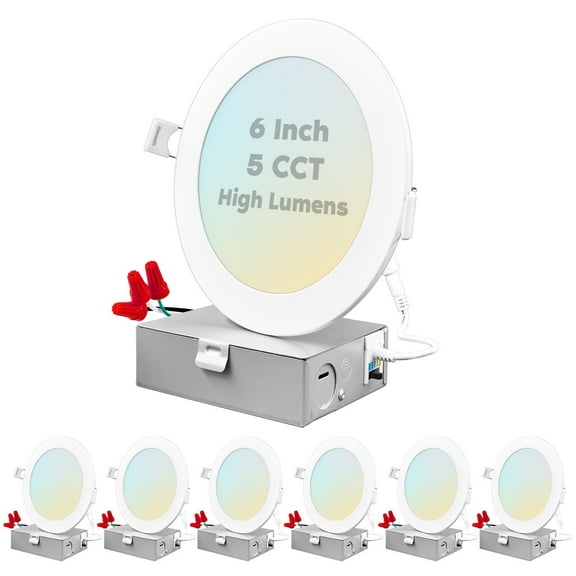 Luxrite 6" Ultra Thin LED Recessed Light with J-Box, 15W, 5 Color Selectable, 1400 Lumens, Dimmable, Wet Rated 6 Pack