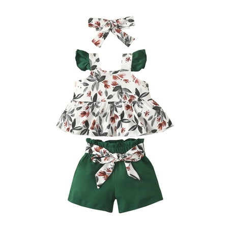 

Gwiyeopda Toddler Baby Girls Shorts Set Fly Sleeve Strawberry/Flower Print Vest Tops Shorts with Hairband