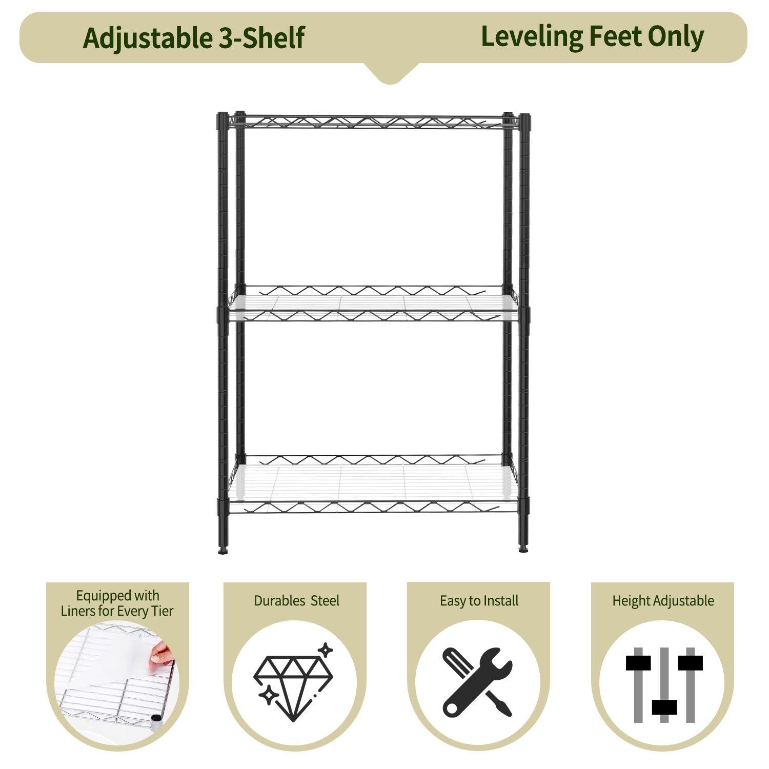 TAIMASI 3-Shelf Adjustable Wire Rack, Black photo 6
