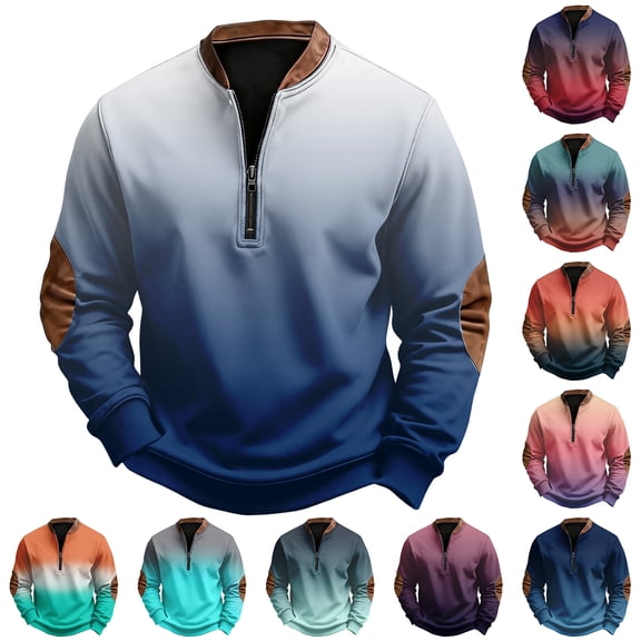Men's Casual Sweatshirt American Gradient Print Round Neck Long Sleeve Half Pullover for Winter Retro Daily Wear,Cyan,L
