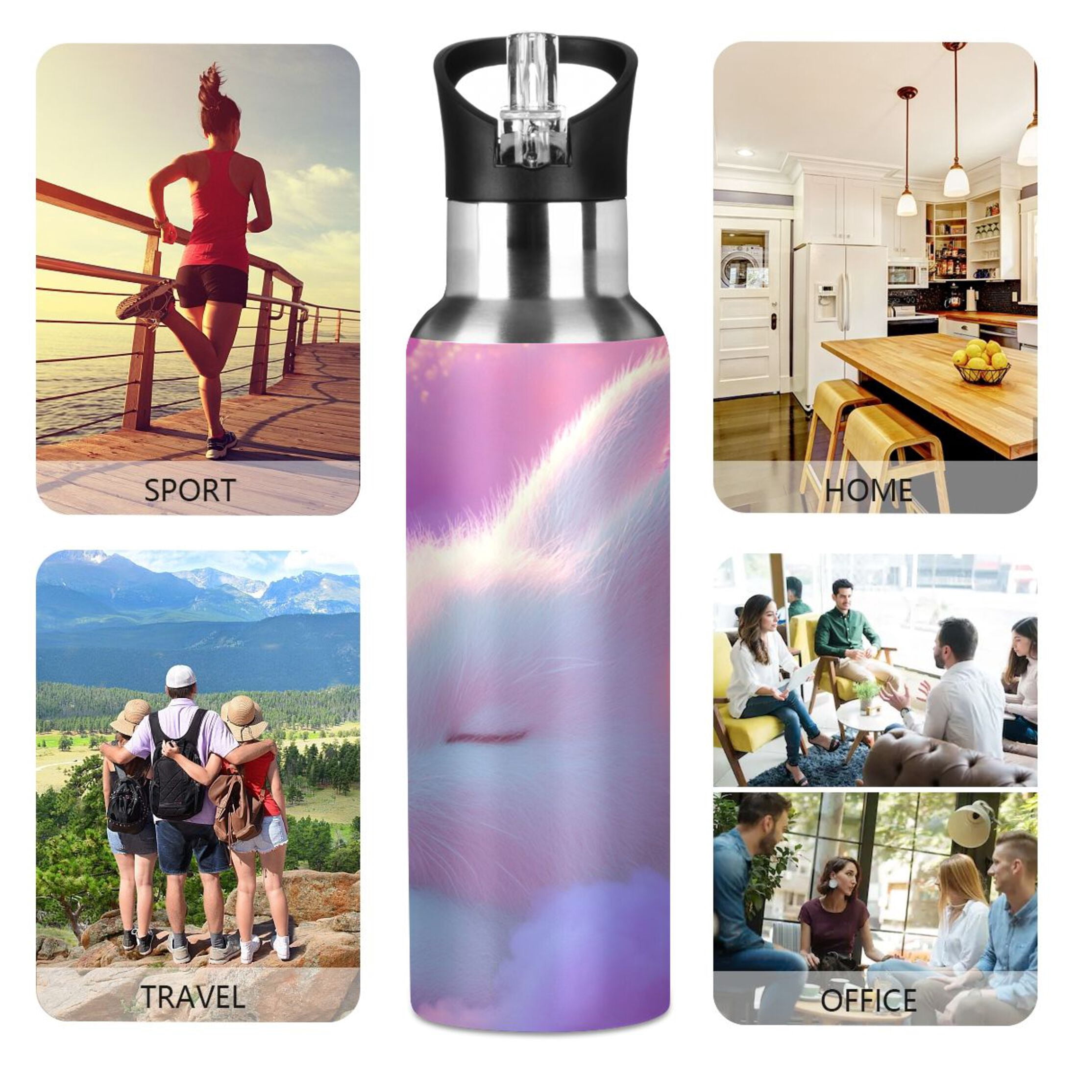 Cute Rabbit Sleeping on Dreamy Clouds Sports Bottle with Straw Stainless Steel Water Jug Portable Thermal Cup Leak-proof 1000ML