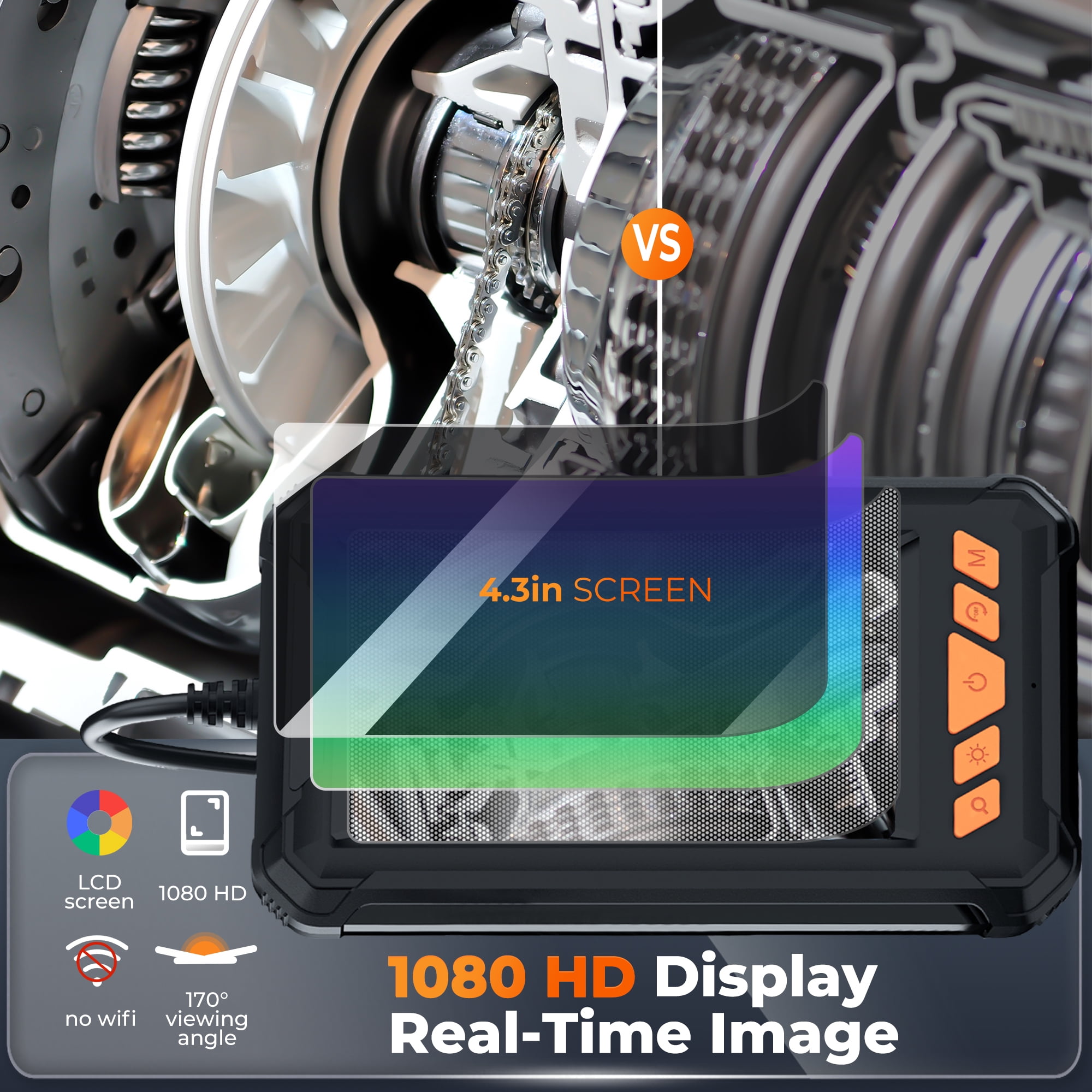 FLORAY 4.3" Borescope Endoscope with Light, 1080P HD Snake Inspection Camera, 16.5ft Cable, IP67 Waterproof, 2600mAh Battery
