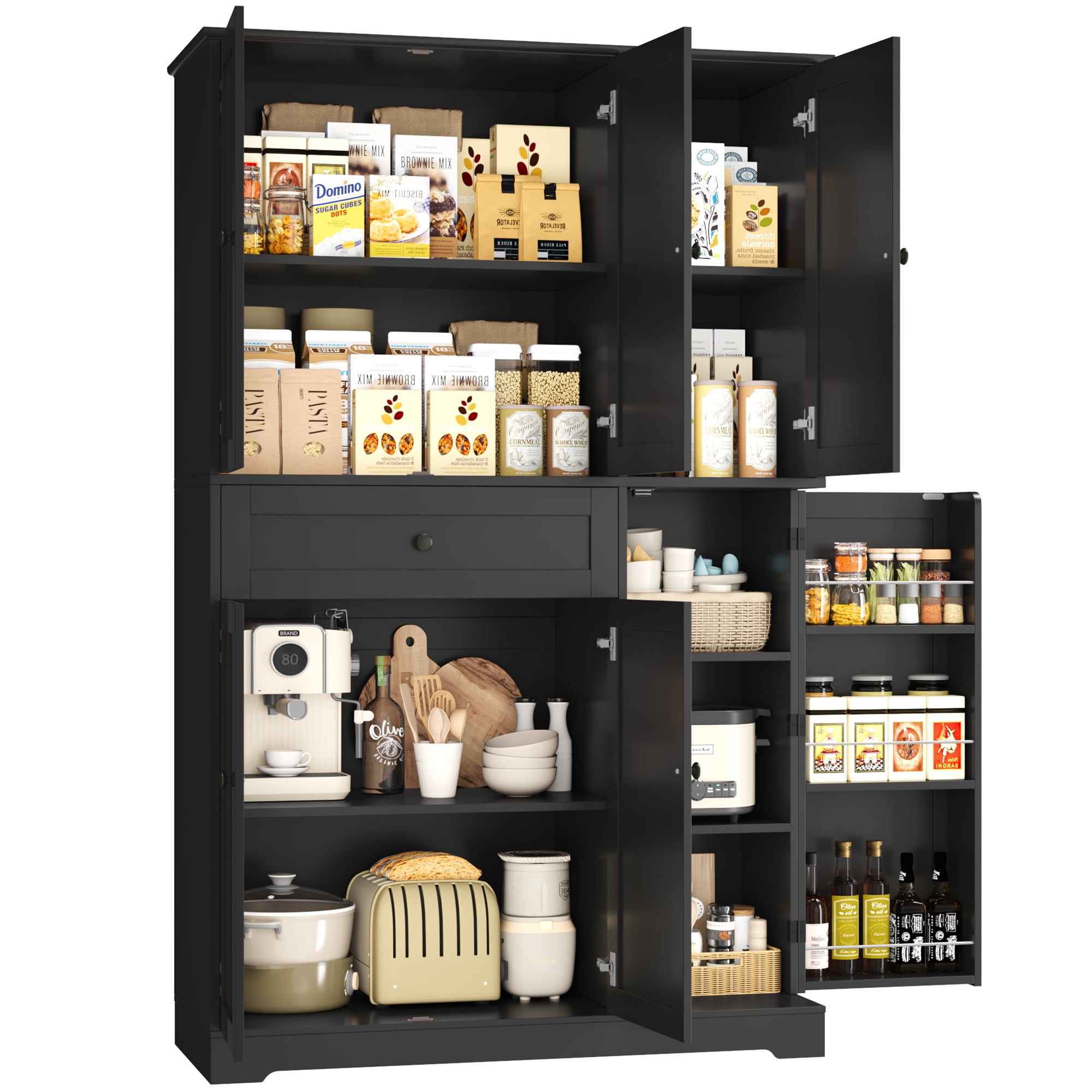 Homfa Kitchen Pantry Storage Cabinet, 68" Food Pantry Cabinet with Drawer and Door Shelf, 6 Door Freestanding Cupboard Buffet for Dining Room, Black