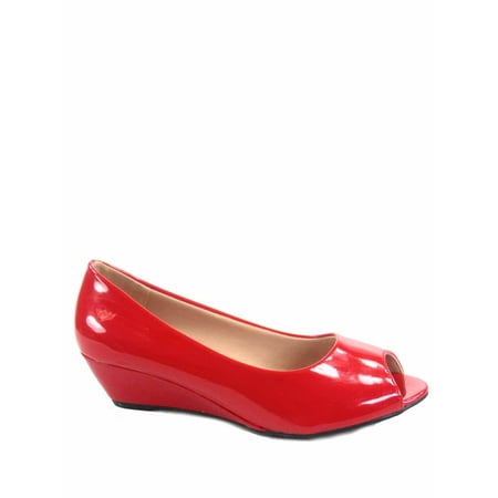 - Fisher-7 Women's Slip On Patent Open Peep Toe Low Wedge Heel Pump Shoes