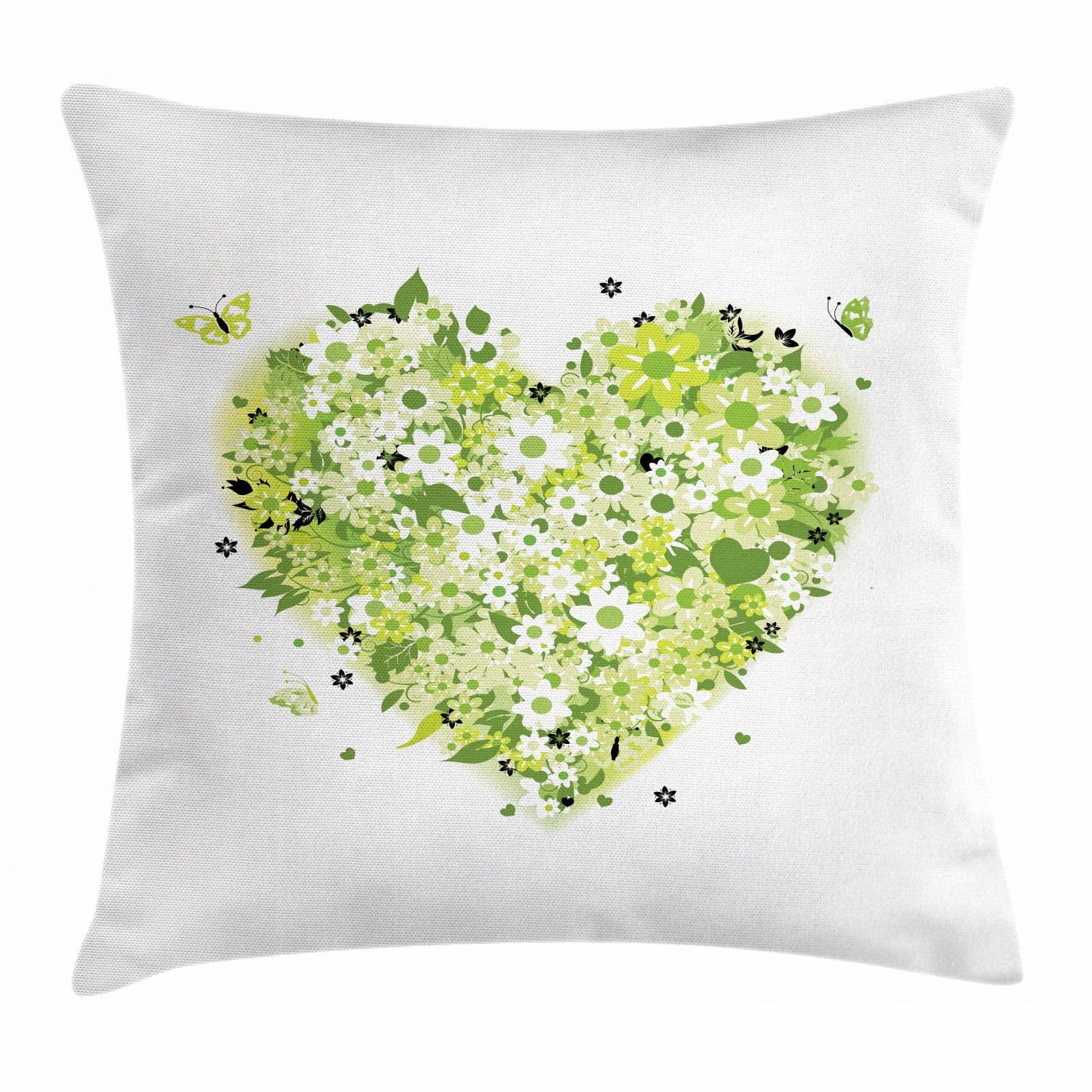 Green Flower Throw Pillow Cushion Cover, Floral Heart Design Summer