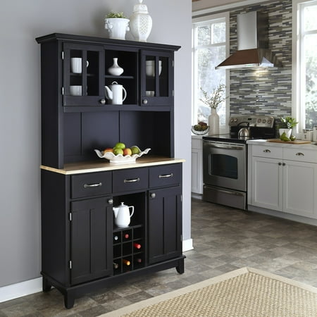 Sideboard Buffet Servers with Wood Top and Hutch Black - Home Styles: Elegant Storage, Glass Doors, Wine Rack