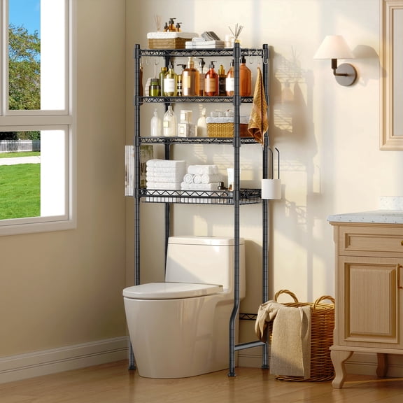 Biemlerfn Over the Toilet Storage Shelf, 4-Tier Metal Bathroom Organizer Shelf, Adjustable Space Saver Rack with 2 Toilet Paper Holder and 6 Hooks, White