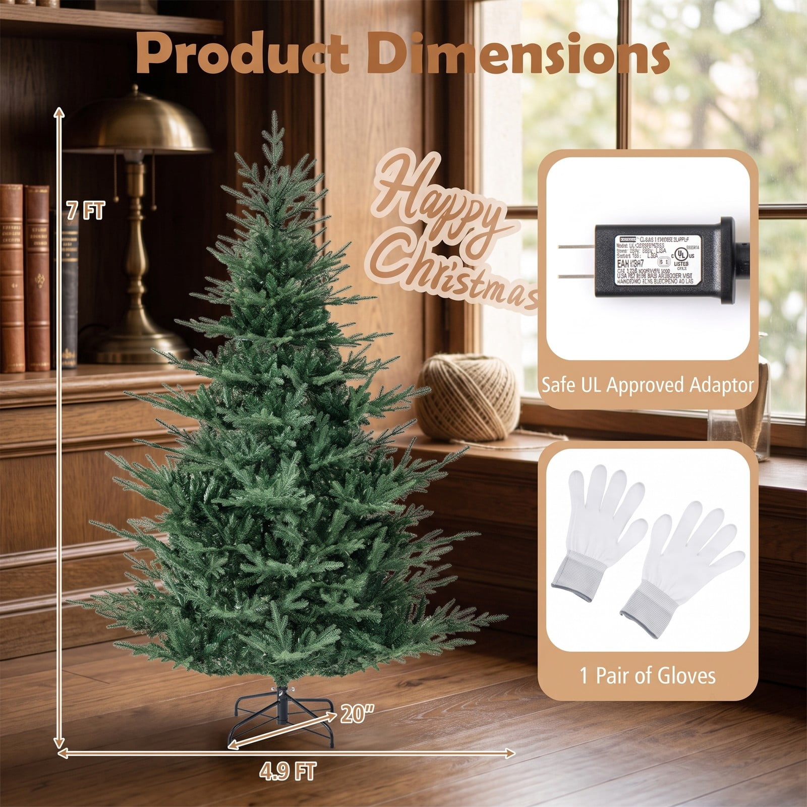 RUIE 7 FT Pre-Lit Artificial Christmas Tree with 350 Warm White LED Lights, 1102 Branch Tips, Hinged Full Spruce Xmas Tree with Metal Stand for Home Holiday, Green
