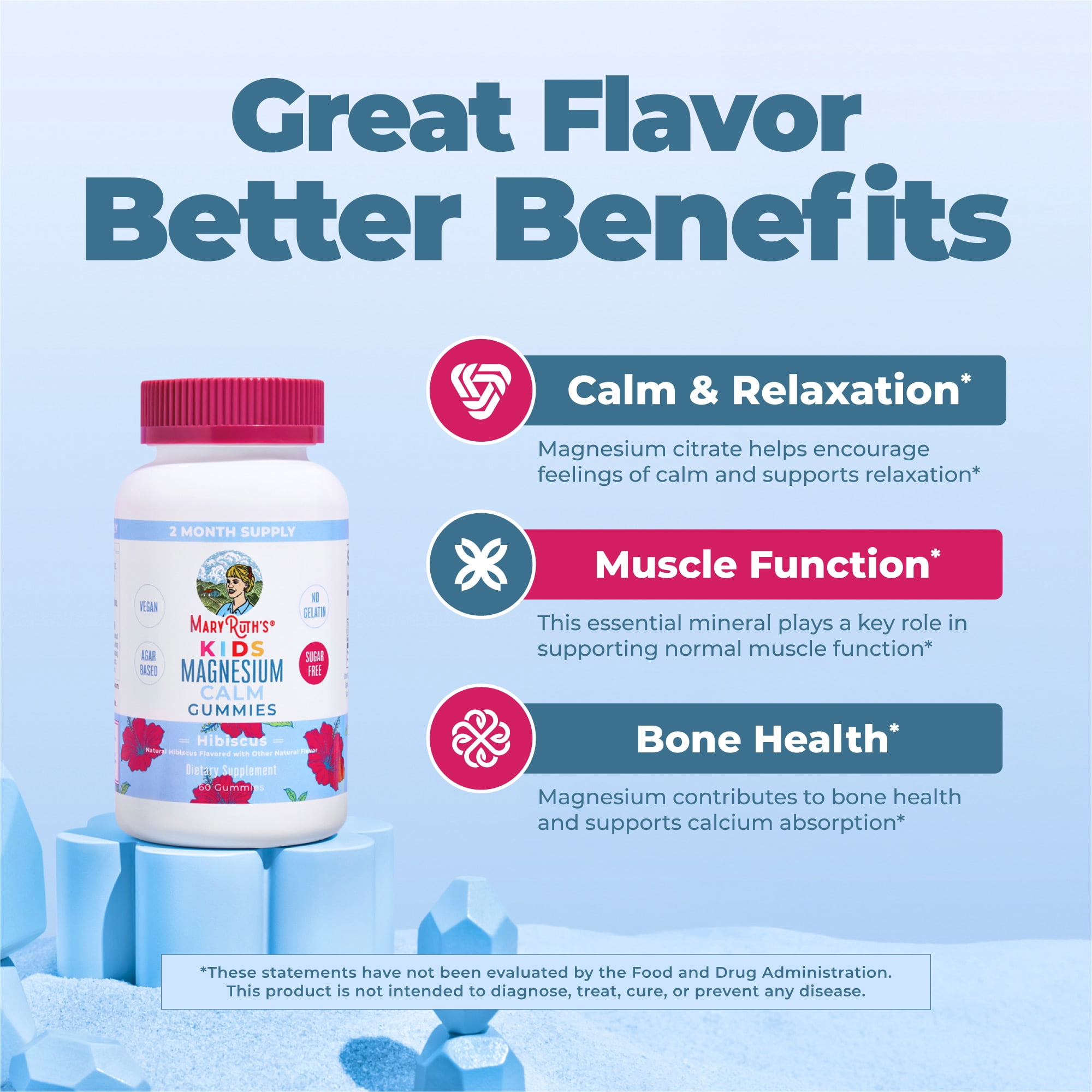 MaryRuth's Magnesium Calm Gummies for Kids Ages 4+, Muscle Support, Bone Health, Vegan, Gluten-Free, Hibiscus Flavor, 60 Count