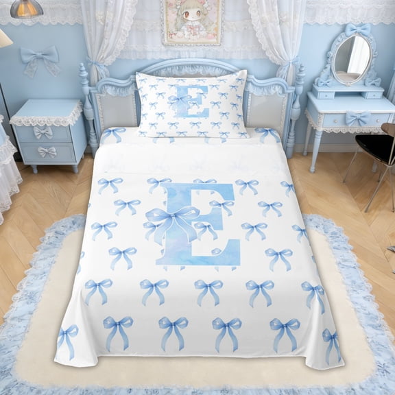 Erosebridal Bow Letter E Twin Sheet Sets for Girls Kids, Blue Watercolor Bedding, 3 Pieces