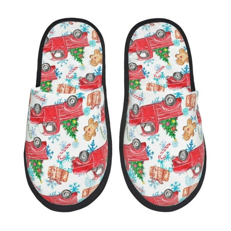 Balery Watercolor Red Truck And Fir Tree Slient Indoor Furry Fleece Comfort House Shoes Soft Non-Slip Home Shoes Cotton slippers House Slippers-- Medium