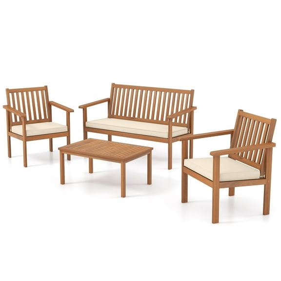 Gymax 4PCS Wood Furniture Set w/ Loveseat 2 Chairs & Coffee Table for Porch Patio White