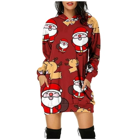 

Haykey Red Dresses For Women Fashion Casual Christmas Print Hooded Pockets Short Sweatshirt Dress Black Dress Shoes For Men Polyester