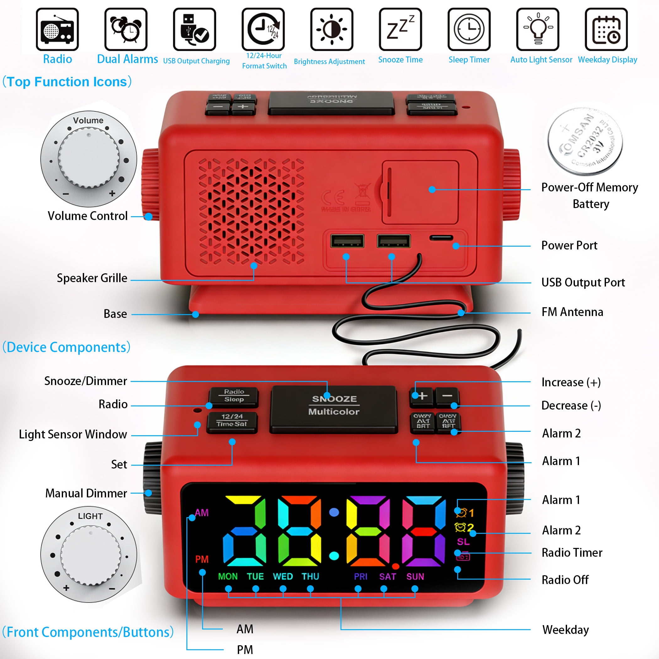 GJX Digital Desk Clock,Large Screen Display Bedside Clock,Multifunctional Alarm Clocks for Bedrooms,Calendar Radio,RGB Colorful Mirror,Dual Alarms,Snooze Function 5-60 min,12 Level Volume,12/24H