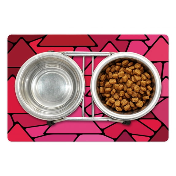Abstract Pet Mat for Food and Water, Stained Glass Style Geometric Tile Composition with Vibrant Red and Pink Shades, Non-Slip Rubber Mat for Dogs and Cats, 18" X 12", by Ambesonne