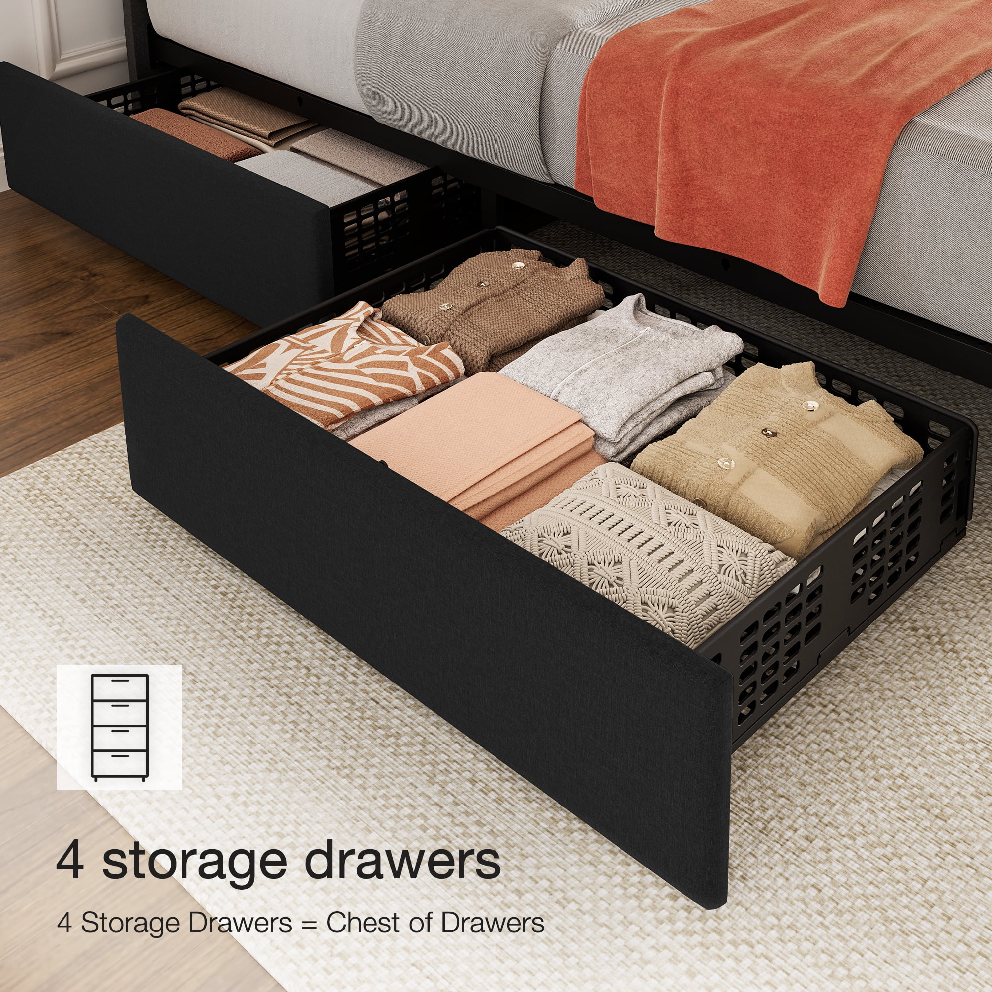 Upholstered Platform Queen Size Bed Frame with Adjustable Headboard,Queen Size Bed Frame with 4 Storage Drawers,Linen Upholstered Platform Bed Frame with Wooden Slats Support,No Box Spring Needed