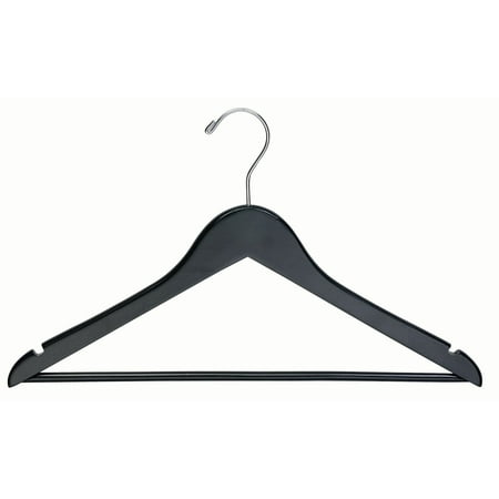 Black Wood Suit Hanger w/ Solid Wood Bar, Box of 50 Space Saving 17 Inch Flat Wooden Hangers w/  Chrome Swivel Hook & Notches for Shirt Dress or Pants by International