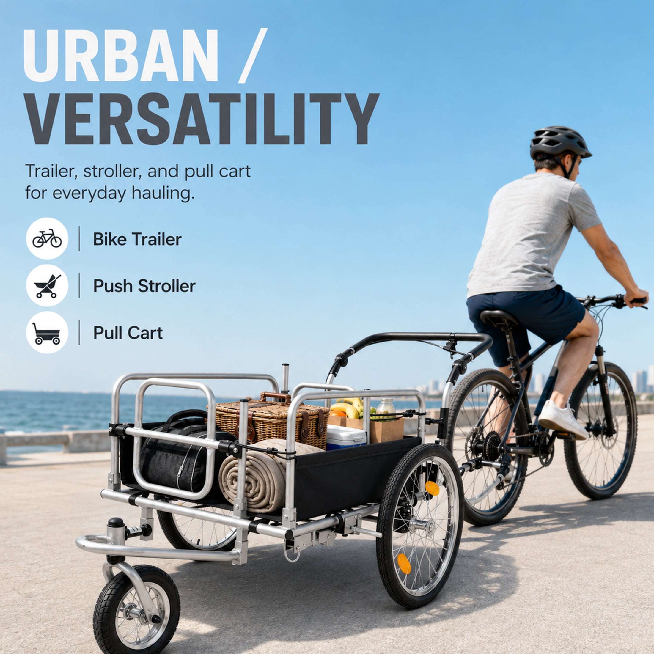 3-in-1 Heavy Duty Bike Cargo Trailer, E-Bike Compatible Bicycle Utility Cart with Stroller & Pull Cart Function, 110 lbs Capacity, Suspension, 20" Wheels, Black Gray