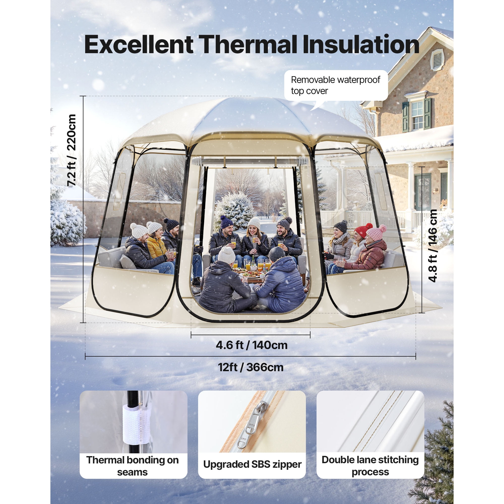 KFFKFF Pop-Up Clear Bubble Tent, 12 x 11.1 ft Waterproof & UV-Resistant Outdoor Dome, Transparent Camping Shelter with Windows, 540° Panoramic View, Fits 10-12 People for Patio or Backyard Use