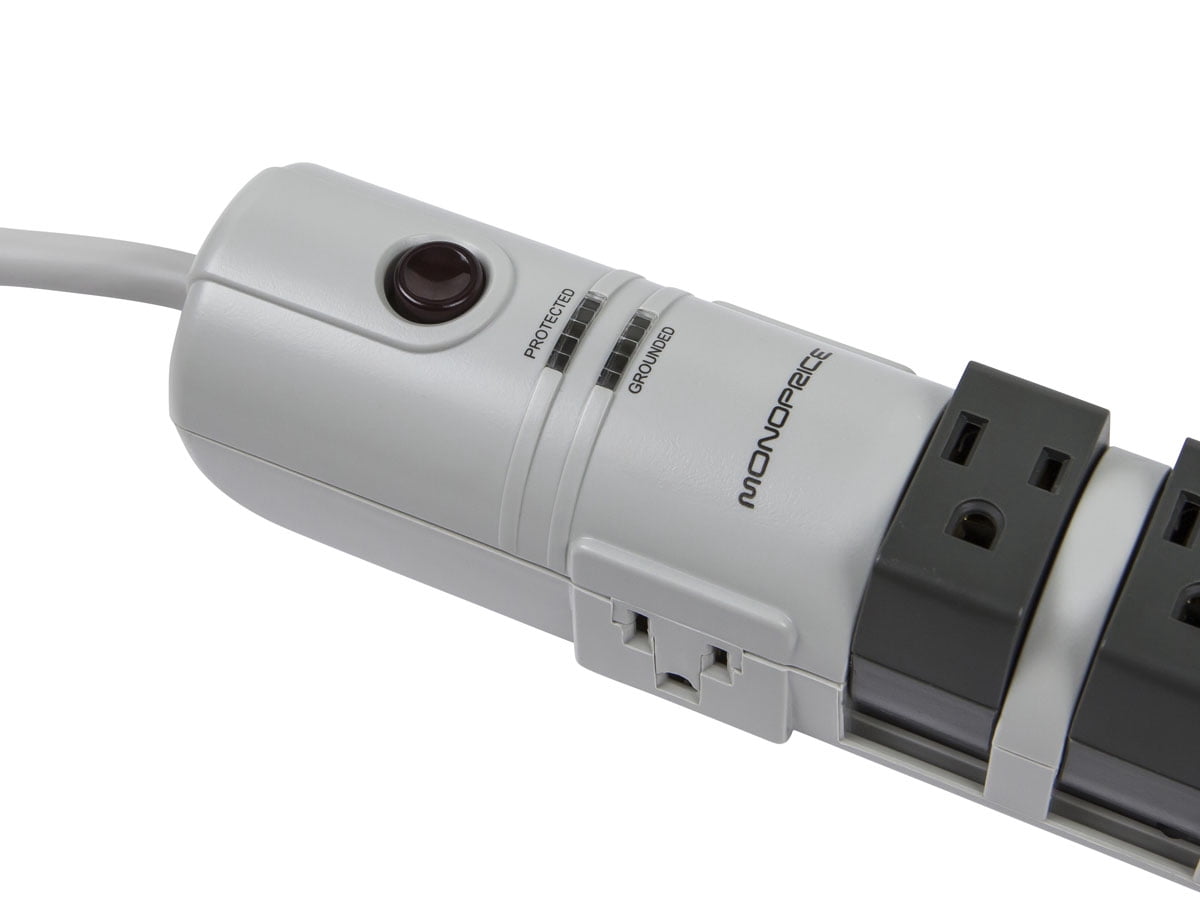 Monoprice Power & Surge - 8 Outlet Rotating Surge Strip - Gray | UL Rated 2, 160 Joules with Grounded and Protected Light Indicator