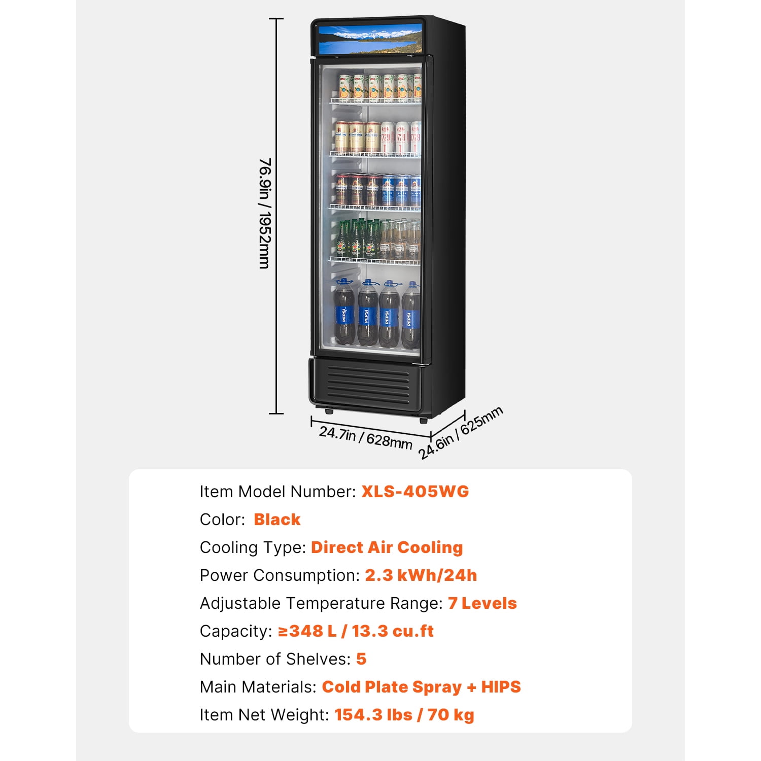 KFFKFF Commercial Merchandiser Refrigerator Single Glass Door 13.3 Cu ft , Display Beverage Cooler Merchandiser Customizable Lightbox