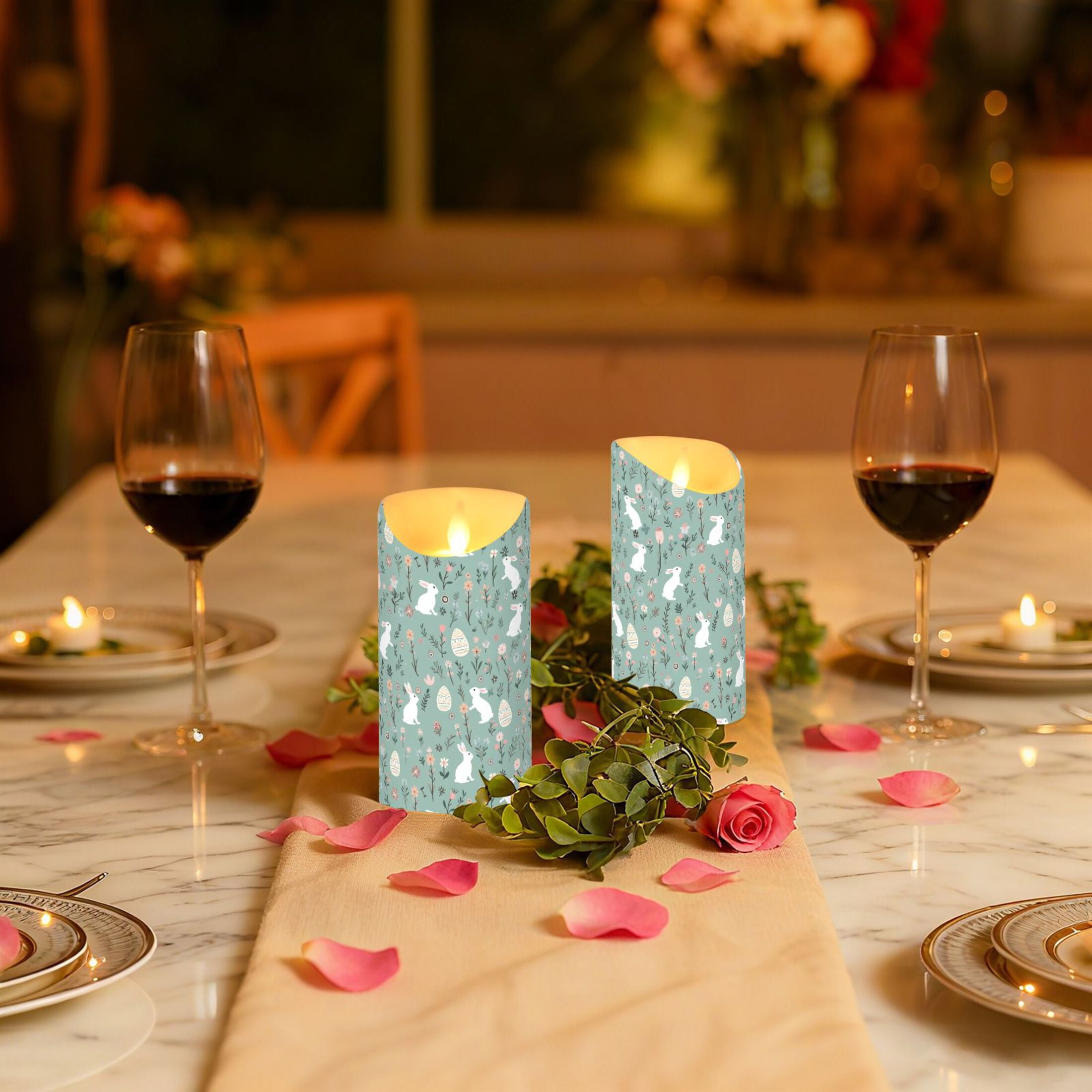Rabbit Easter Egg Floral Pattern Flameless Candles 2 PCS with Remote Realistic Moving Flame LED Tapered Pillar Set for Home Decor