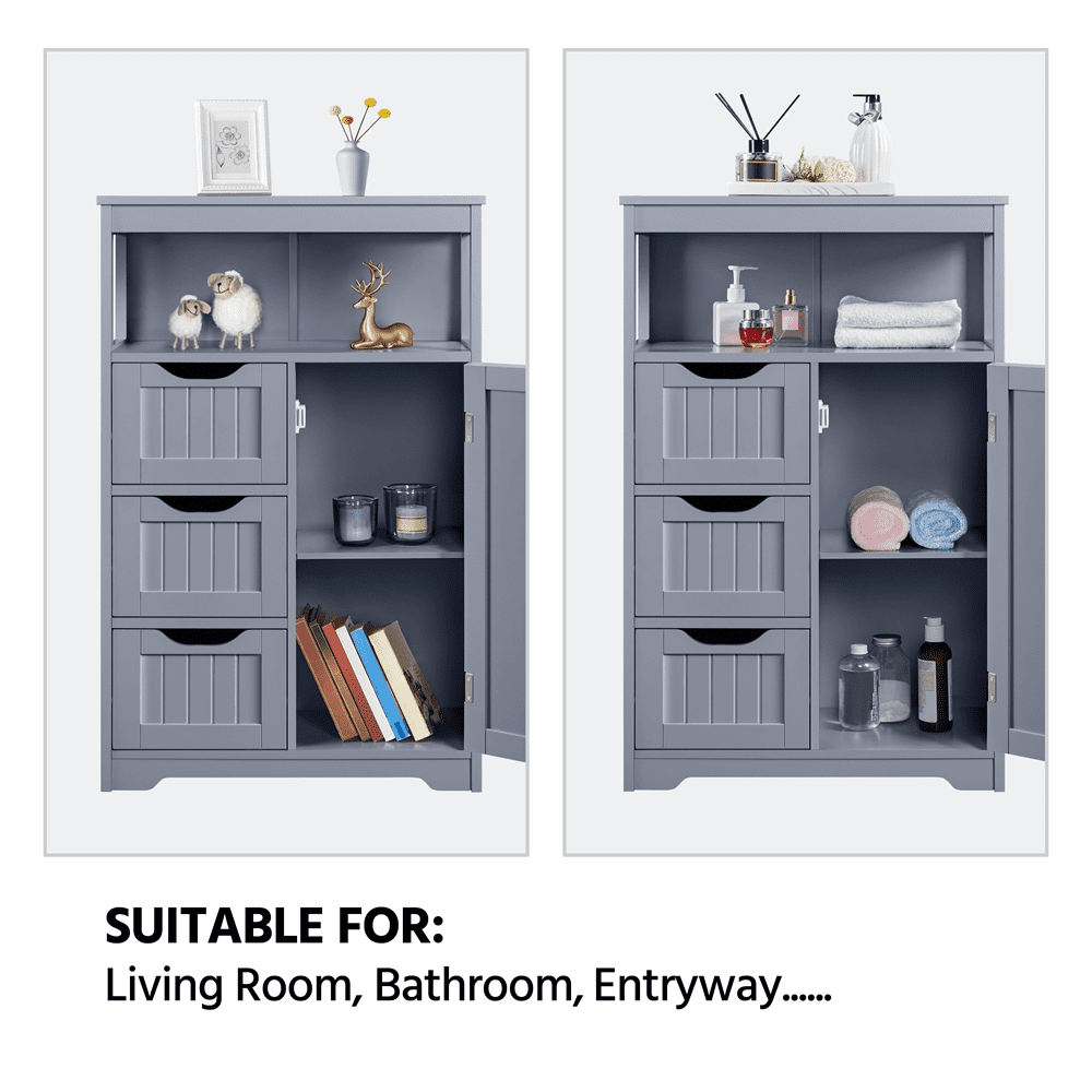Fullfurnique Bathroom Floor Cabinet with 1 Door and 3 Drawers, Gray