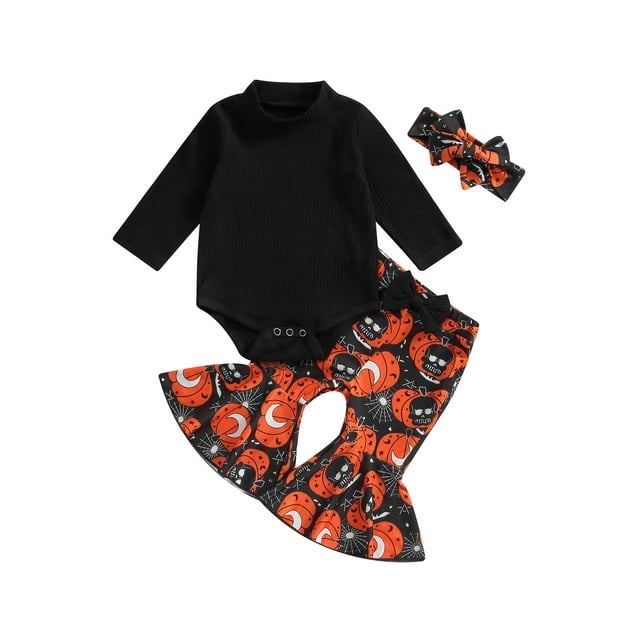 xiaxaixu Baby Girl Fall Outfits Solid Color Rib Knit Long Sleeve Rompers Pumpkin Print Flare Pants Headband 3Pcs Halloween Clothes Set