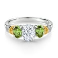 thumbnail image 2 of Gem Stone King 925 Sterling Silver and 10K Yellow Gold Oval White Moissanite Green Peridot and White Diamond 3 Stone Ring for Women (2.53 Cttw, Gemstone Birthstone, Size 9), 2 of 3