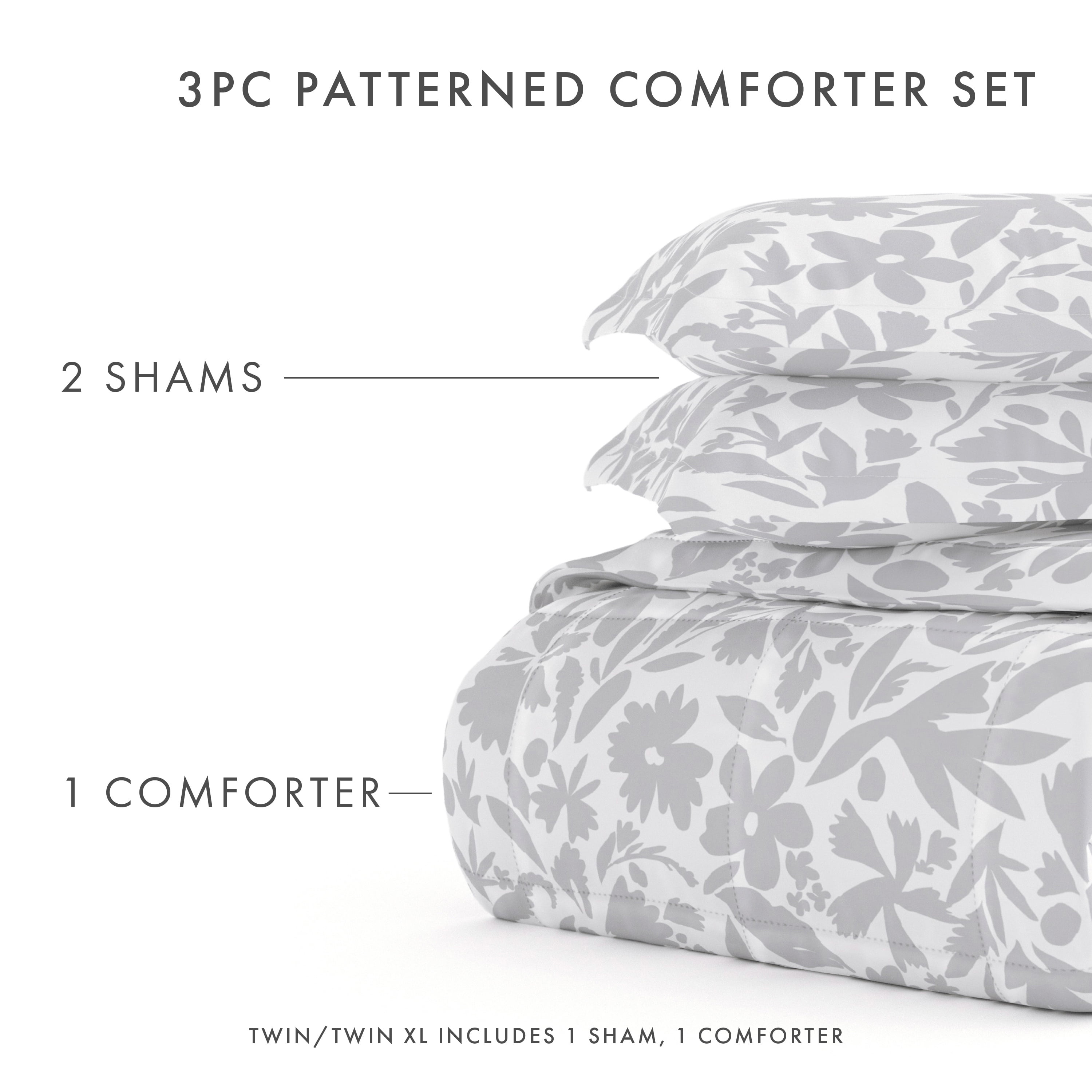 Noble Linens 3-Piece Light Gray Abstract Garden Print Comforter Set, King/CalKing
