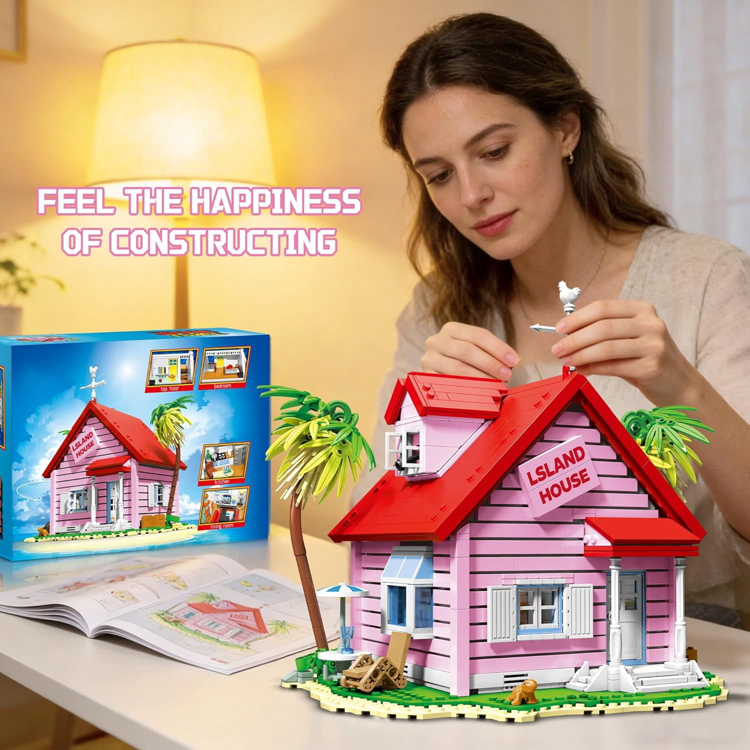 Pink Island House Building Set, Seaside Villa Cabin Compatible with Lego Collection Model Kit 1434PCS