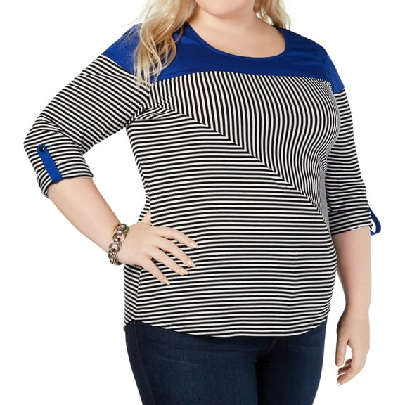 NY Collection Womens Colorblocked Pullover Blouse, Blue, Plus Size, 1X