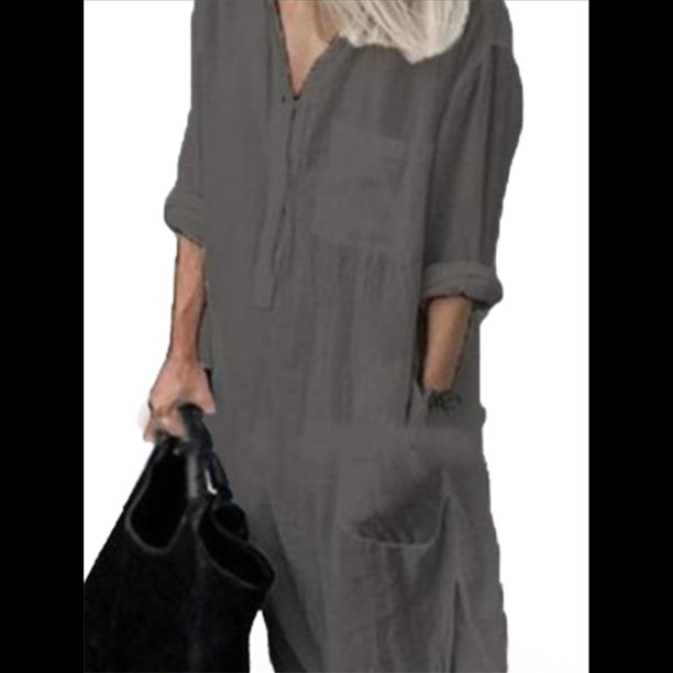 Vestido Camisero Informal Holgado de y Algodón para Mujer, con Solapas, Botones, Mangas con Puños y Abertura Lateral con Bolsillos Gris L