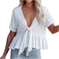 thumbnail image 2 of Pompotops Women's Solid Color Short Sleeve V Neck Blouses Ruffle Hem Tie Front Crop Summer Tops, 2 of 8
