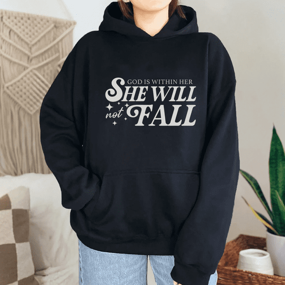 God is Within Her She Will Not Fall Lettering Print Tops for Women Christian Classic Sweatshirts Biblical Apparel Casual Hoodie Faith Based Pullover for Holiday Black,S